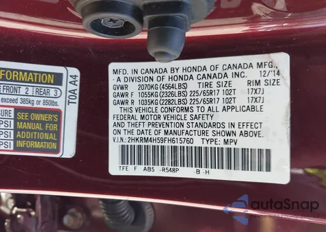 2015 Honda Cr-V Ex from USA, damaged, VIN 2HKRM4H59FH615760